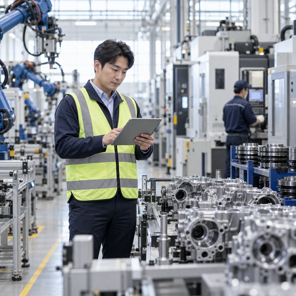 Plant manager reviewing production data on an automotive parts line