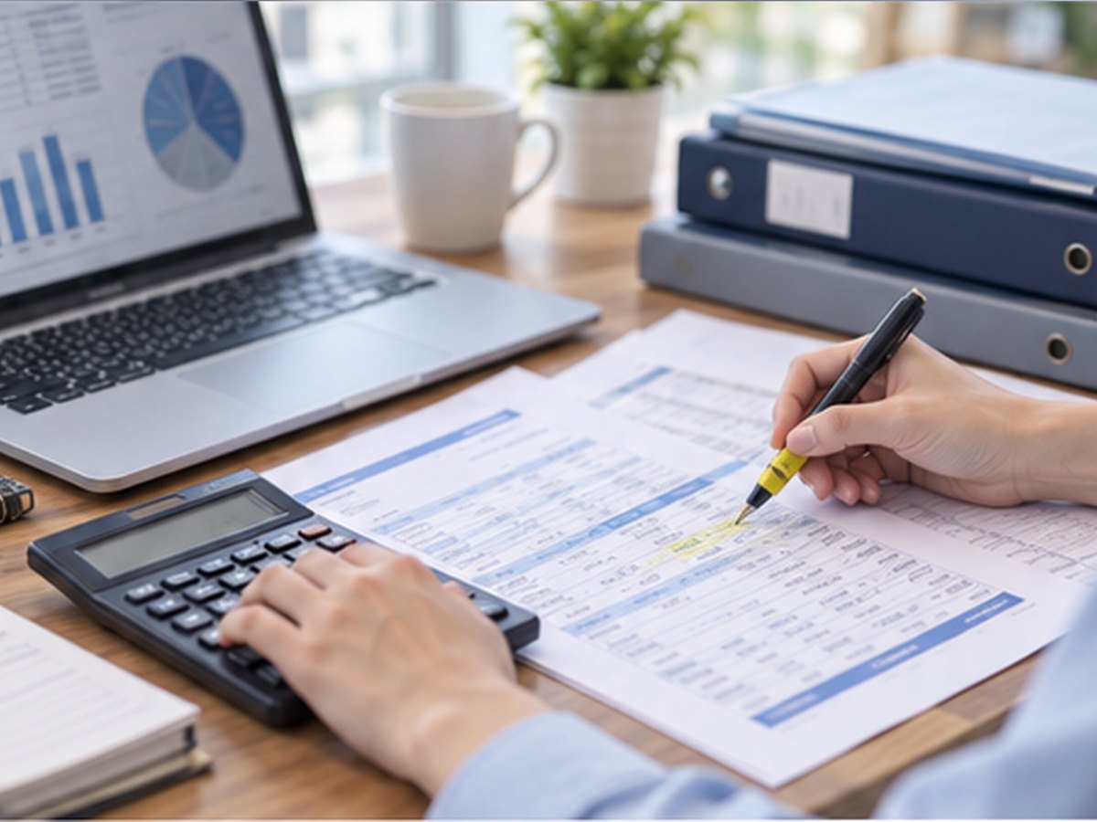 Accountant reconciling statements with a calculator and spreadsheet