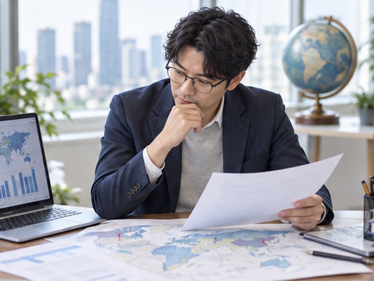 Accountant reviewing international tax documents with a world map
